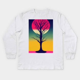 Pink Full Moon Over A Vibrant Colored Whimsical Minimalist Lonely Tree - Abstract Minimalist Bright Colorful Nature Poster Art of a Leafless Branches Kids Long Sleeve T-Shirt